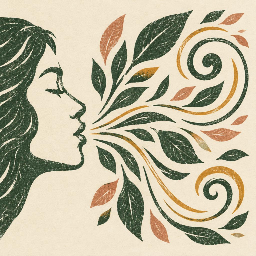 Illustration du souffle se transformant en feuilles et spirales