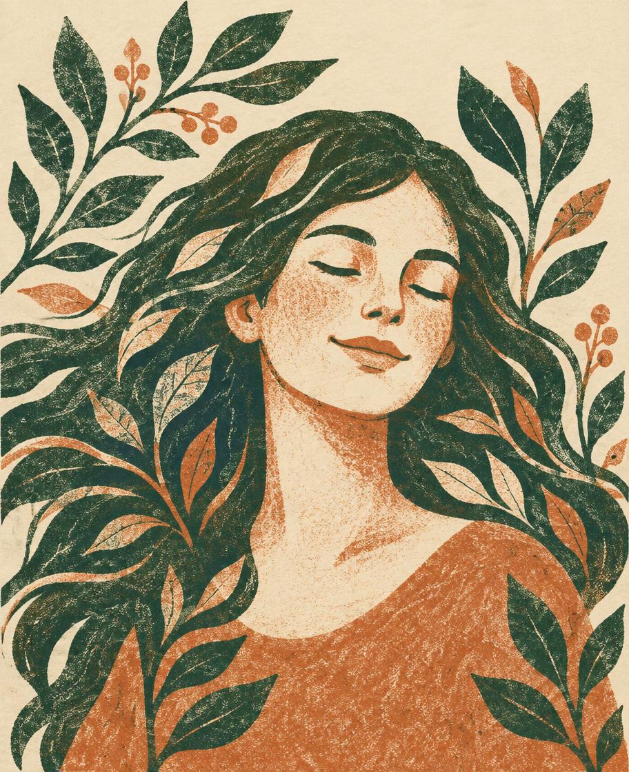 Illustration portrait de Constance, entourée de feuillages